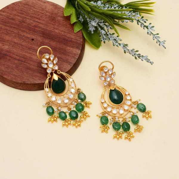 Polki Chandbali with green stones and beads