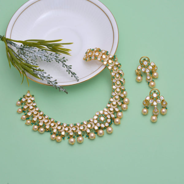 Exquisite 925 Silver Gold-Plated Polki Necklace Set with Earrings