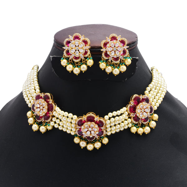 Exquisite 925 Silver Floral Pearl Choker with Earrings