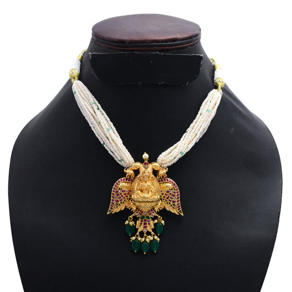 Goddess Lakshmi Pendant in Gold-Plated 925 Silver with Kundan Work and Pearl Detailing