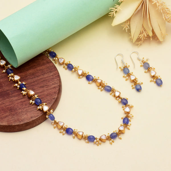 Elegant Single-Line Polki Necklace Set with Blue Beads