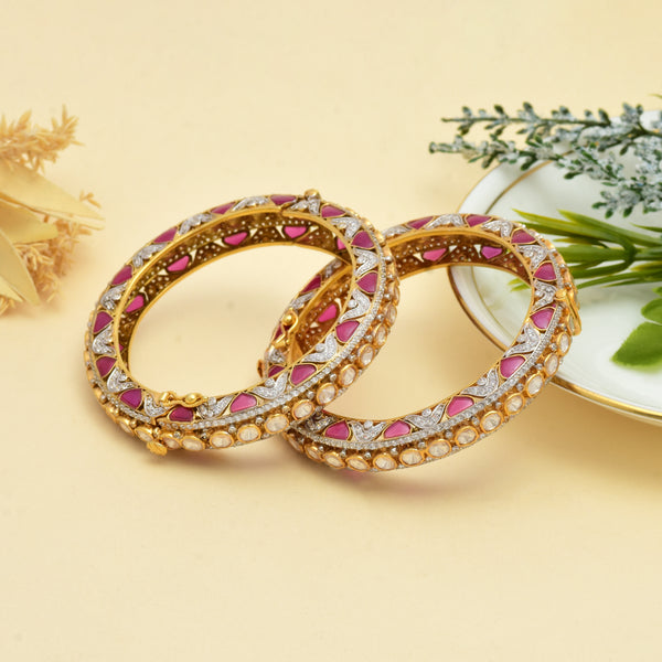 "Royal Radiance: Gold-Plated Silver Polki Bangle with Ruby Accents"