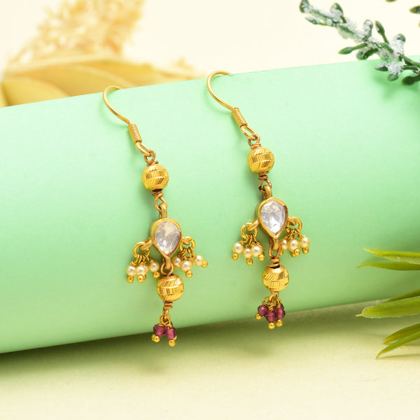 925 Silver Drop Earrings with Kundan and Golden ball Accents