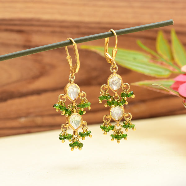 Traditional Gold-Plated 925 Silver Polki Earrings with Green Beads