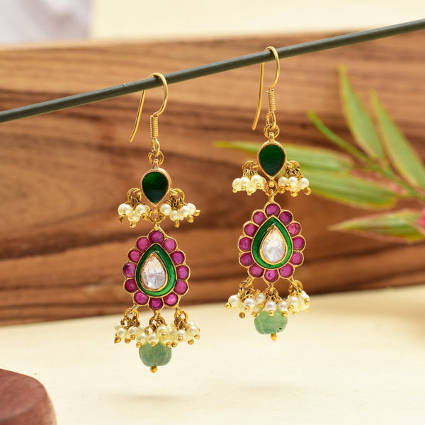 925 Silver Gold-Plated Kundan Earrings with Vibrant Colors and Pearls