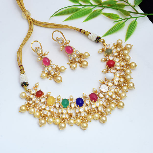 925 Gold Plated Navratn Polki Necklace with Earring