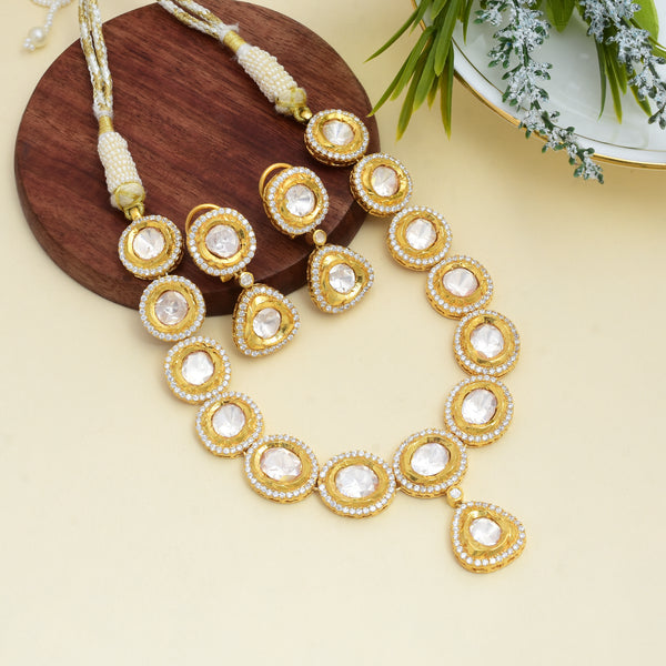 925 Silver Gold Plated Single Line Polki Necklace With Earring