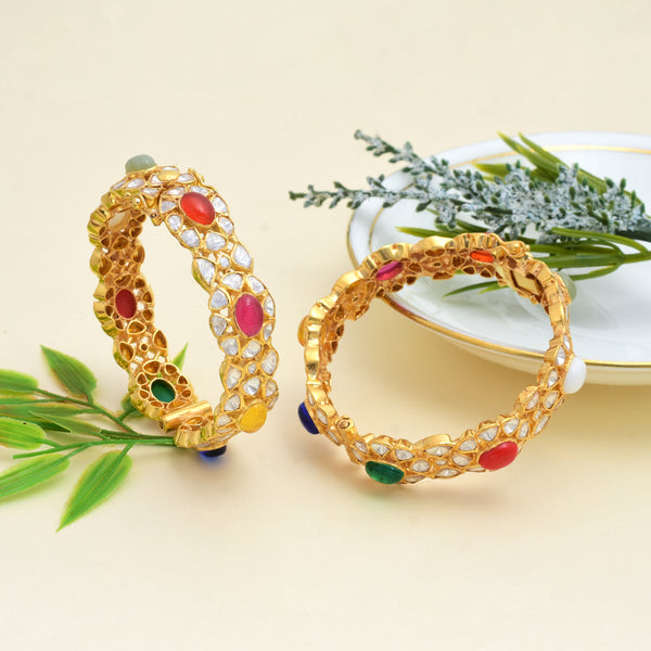 "Exquisite Navratn Polki Bangles in 925 Silver"