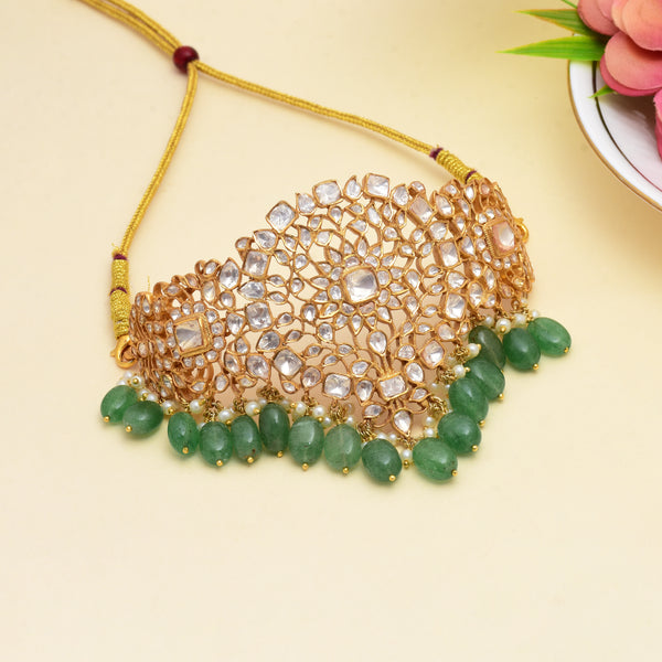 Elegant Gold-Plated 925 Silver Polki Choker with Green Beads