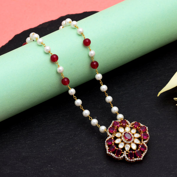 Stunning Gold-Plated 925 Silver Polki Pendant with Semi-Precious Ruby Stone