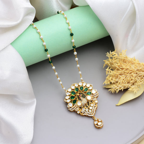 Exquisite Gold-Plated 925 Silver Polki Peacock Pendant