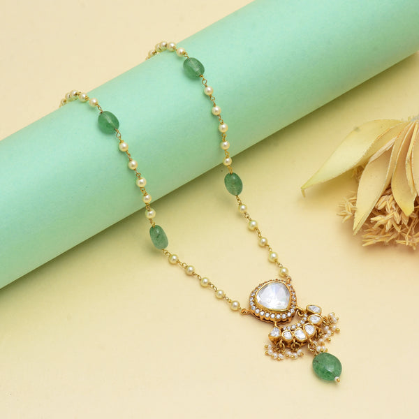 Elegant Gold-Plated 925 Silver Polki Pendant with Green Beads and Pearls