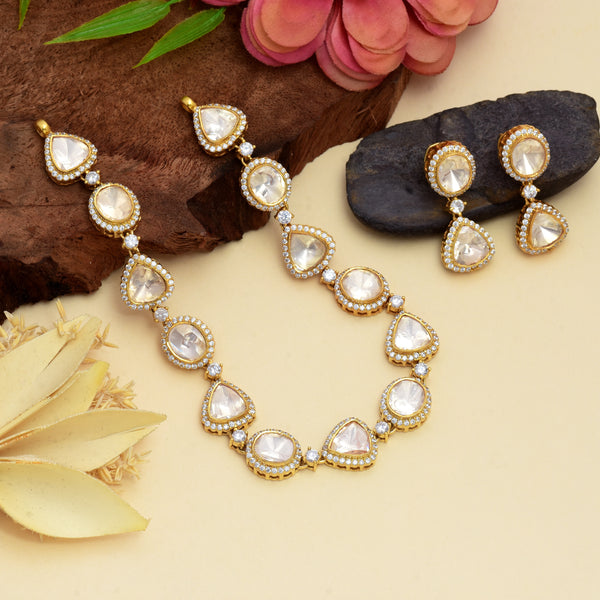 925 Silver Gold Plated Polki Necklace With Earrings